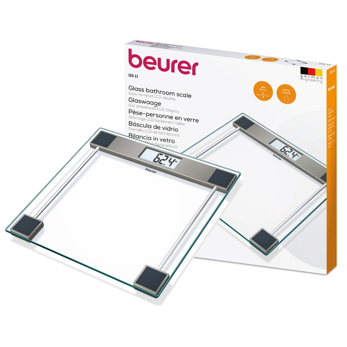 Beurer Germany Glass Bathroom Scale, 150kg Capacity, 100g Graduations GS 11