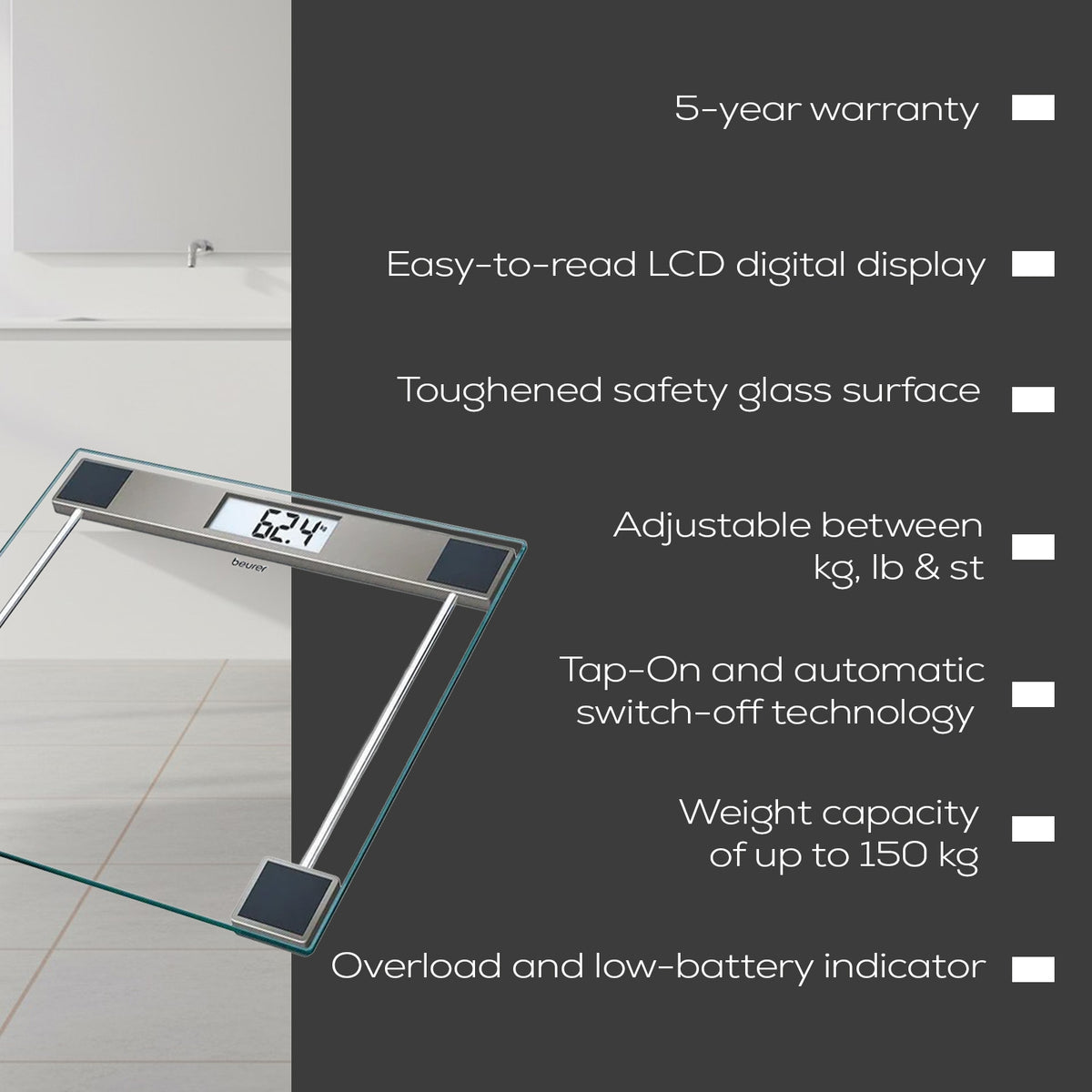 Beurer Germany Glass Bathroom Scale, 150kg Capacity, 100g Graduations GS 11