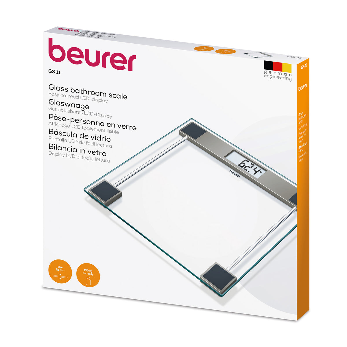 Beurer Germany Glass Bathroom Scale, 150kg Capacity, 100g Graduations GS 11