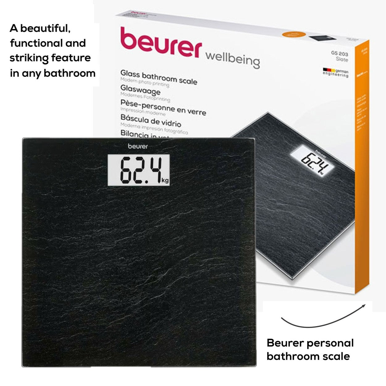 Beurer GS 203 Personal Bathroom Scale | Slate Print on Safety Glass | 150kg Weight Capacity