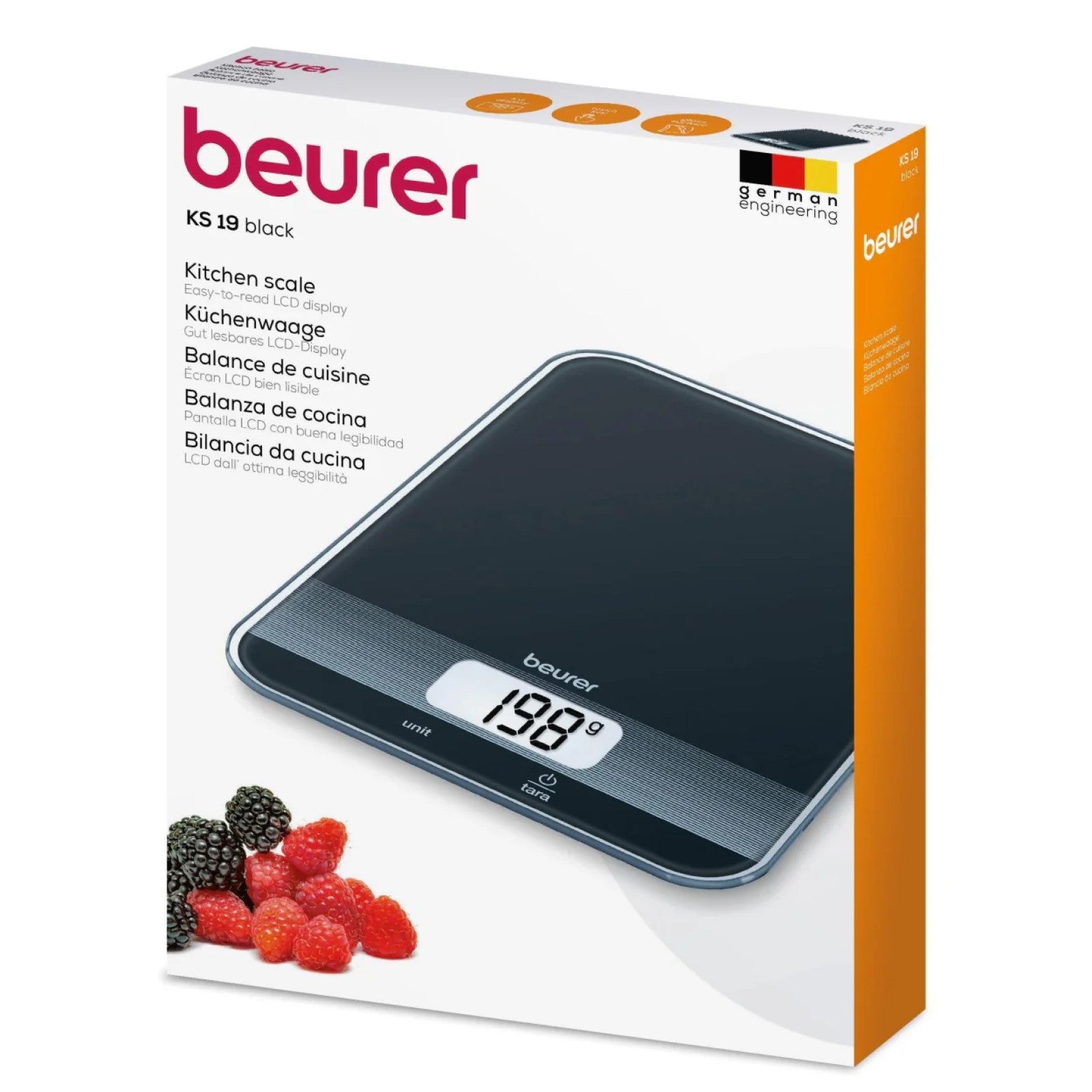 Beurer Germany KS 19 Digital Kitchen Scale | 1g Increments to 5kg. Tare Mode. Glass | Sleek Black