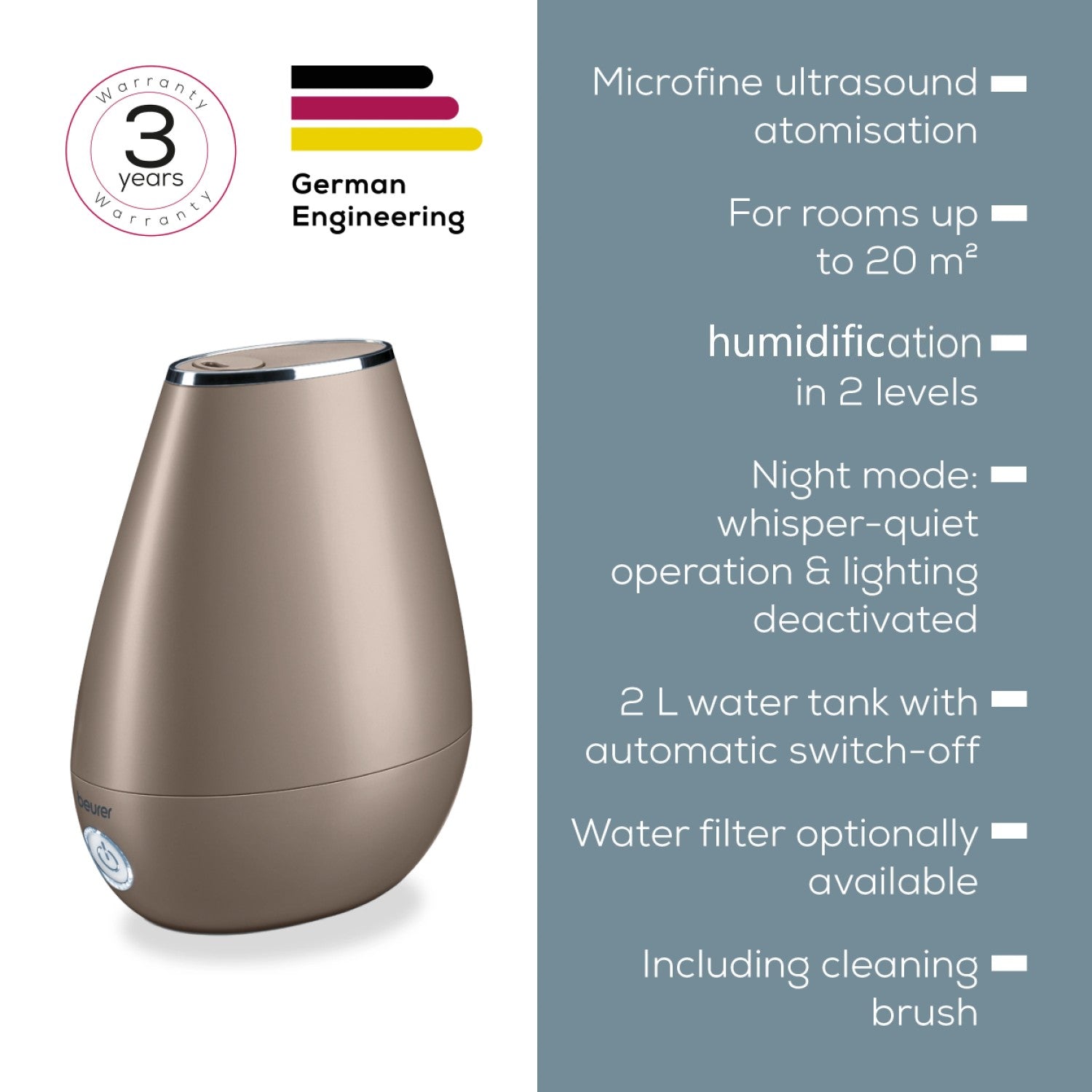 Beurer Germany LB 37 | 2-in-1 Air Humidifier & Aroma Diffuser for All Rooms Up To 20m² | Toffee