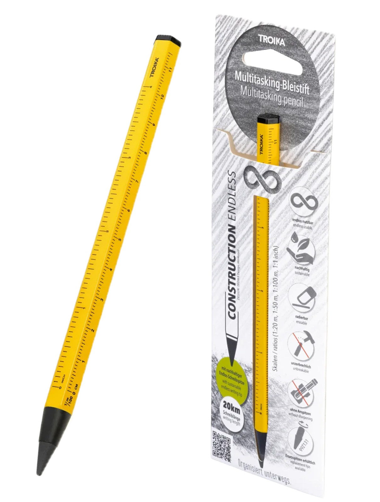 TROIKA Germany HB Pencil ENDLESS 20km Writing. No Sharpening. Erasable. Metal Body - Yellow