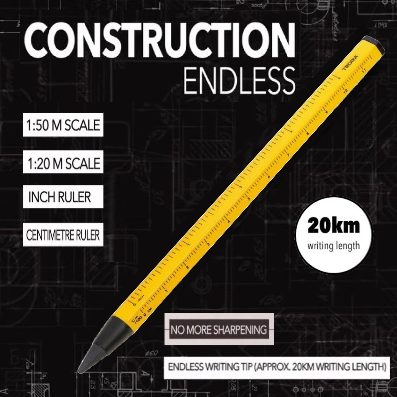 TROIKA Germany HB Pencil ENDLESS 20km Writing. No Sharpening. Erasable. Metal Body - Yellow