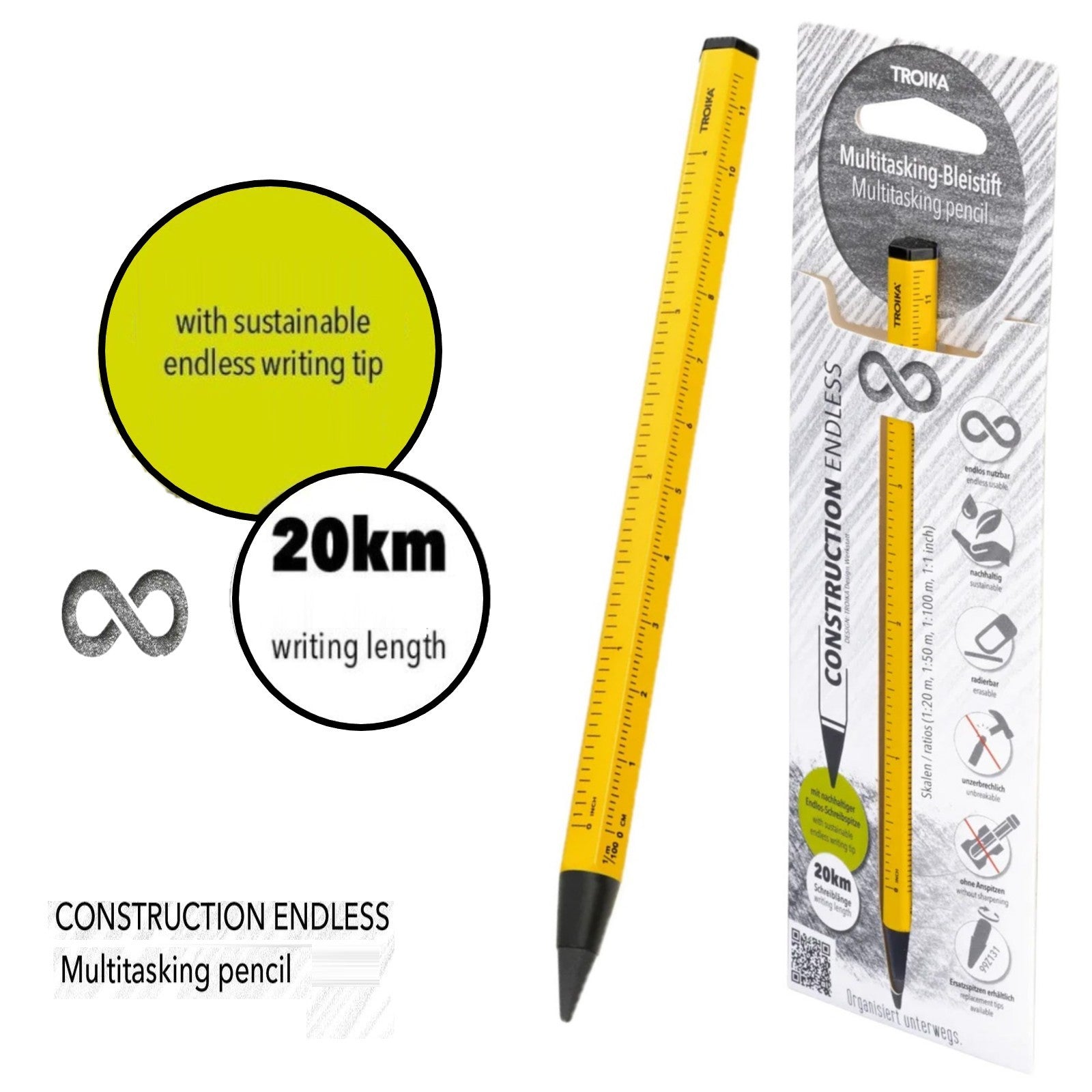 TROIKA Germany HB Pencil ENDLESS 20km Writing. No Sharpening. Erasable. Metal Body - Yellow