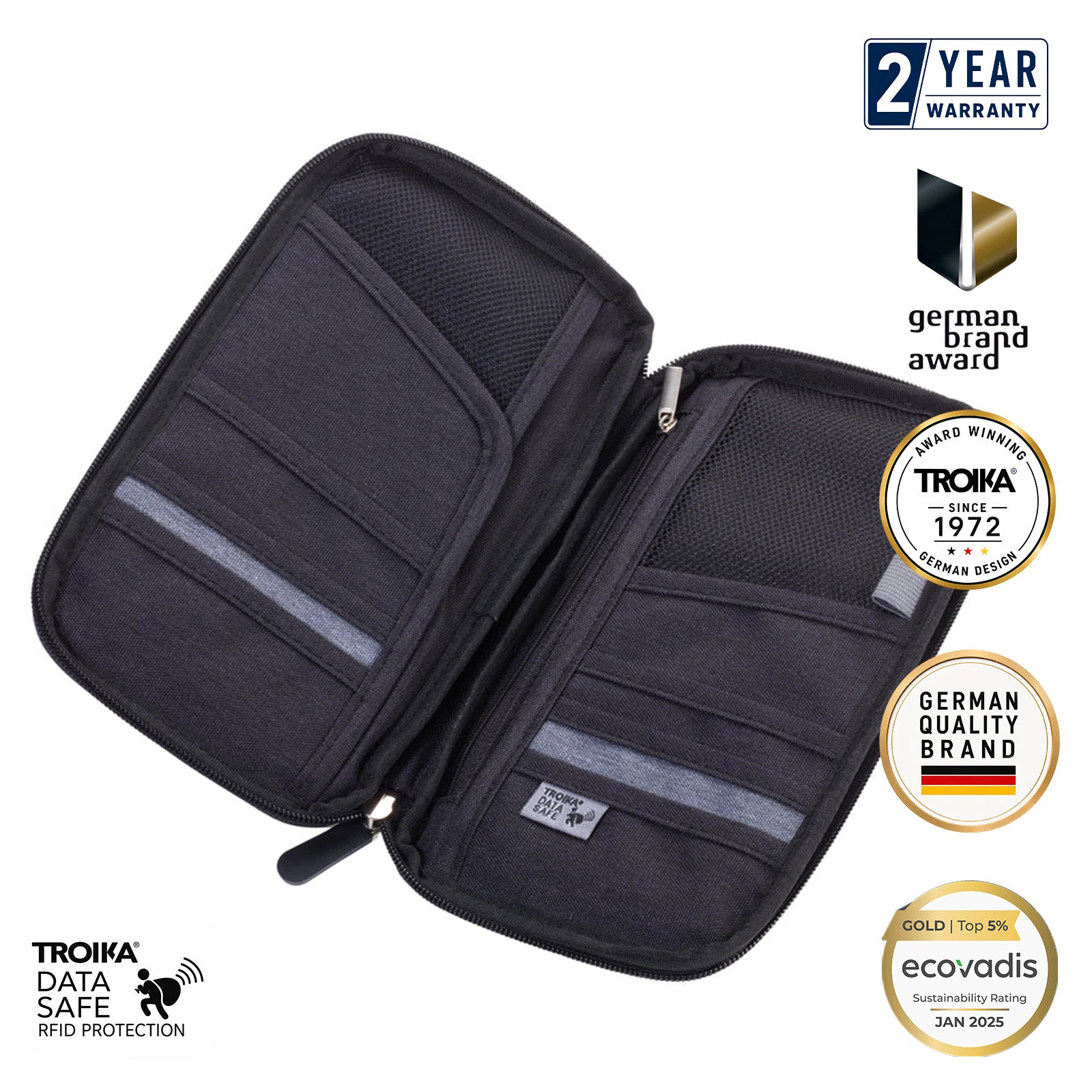 TROIKA Germany RFID Travel Case | 12 Compartments | Passport Holder | Black