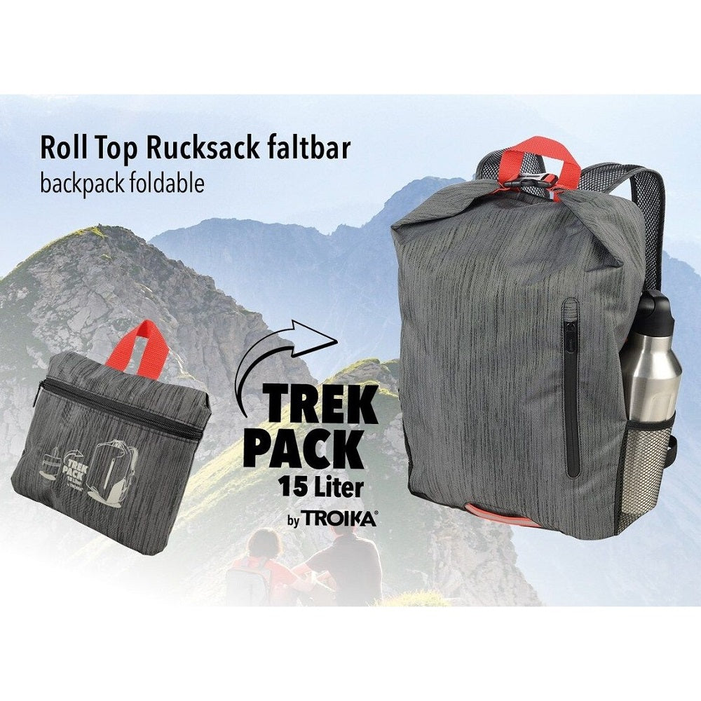 TROIKA Backpack: Rolltop Folding Backpack 15L Capacity, 10kg Load TREKPACK Grey
