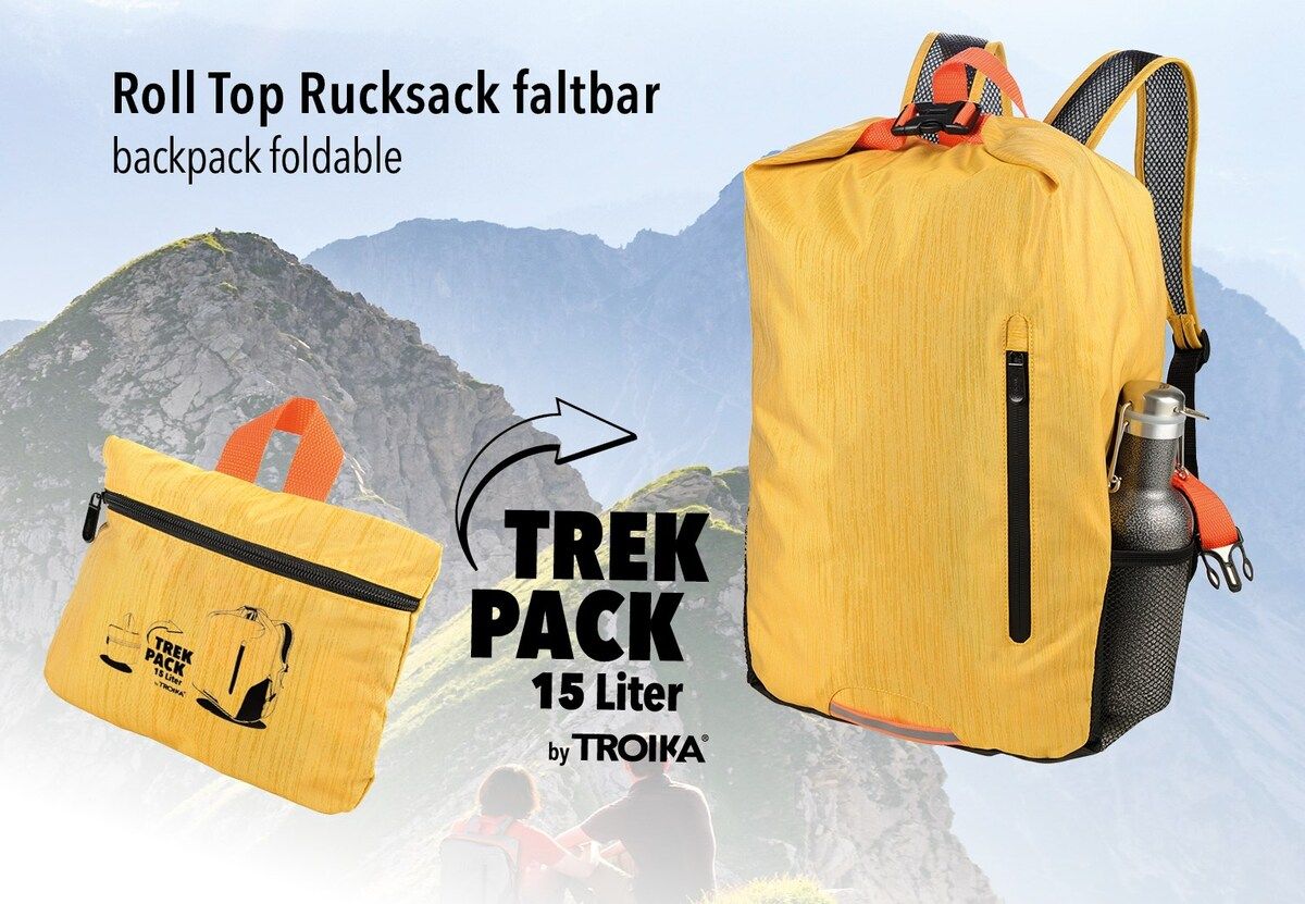TROIKA Backpack: Rolltop Folding Backpack 15L Capacity, 10kg Load TREKPACK Yellow