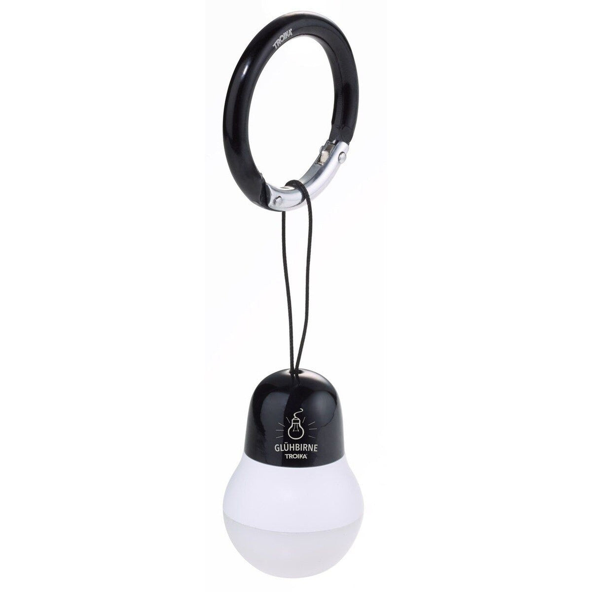 TROIKA light bulb bag light in black hanging from its carabiner