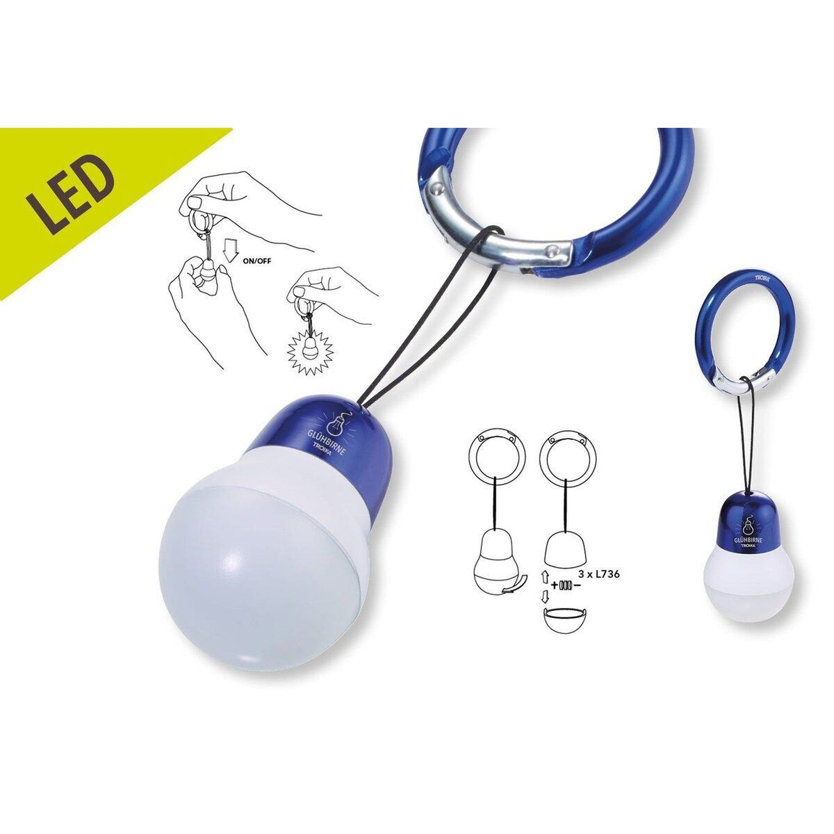 How the TROIKA light bulb bag light works: pull the cord to switch it on