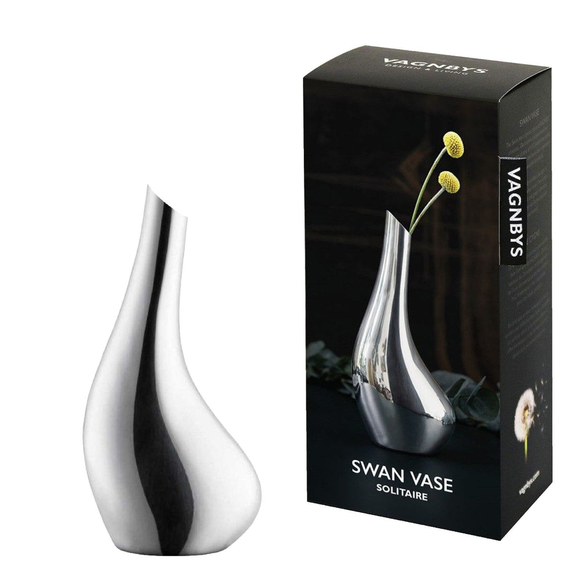 VAGNBYS Swan Solitaire Vase in high-gloss stainless steel beside its box