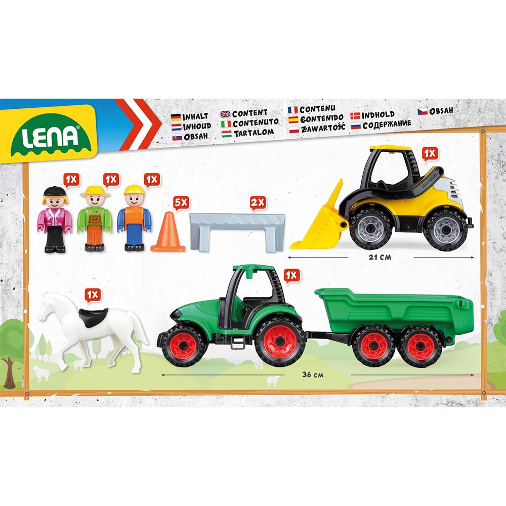 LENA Toy Farm Set: TRUCKIES Loader, Tractor, Figurines, Horse, Cones, Gates