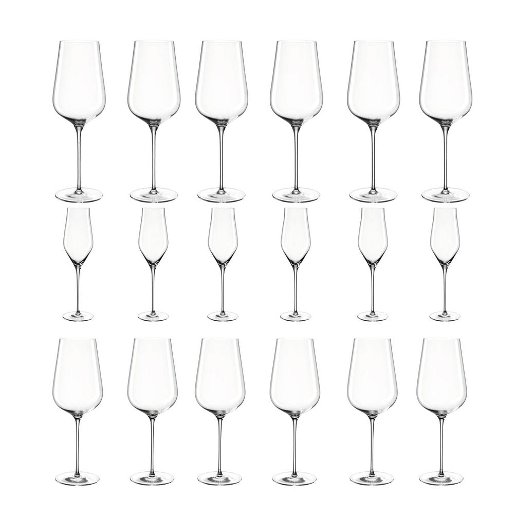 Leonardo Champagne, Red & White Wine Glasses 6x each - Brunelli - Set of 18