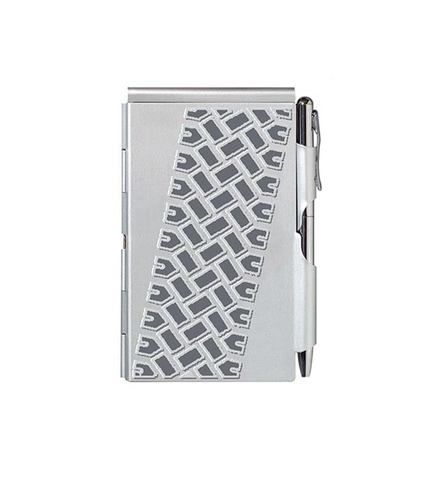 Troika Flip Notes Metal Case For Cards/Cash With Notepad & Pen - Silver With Tyre Track