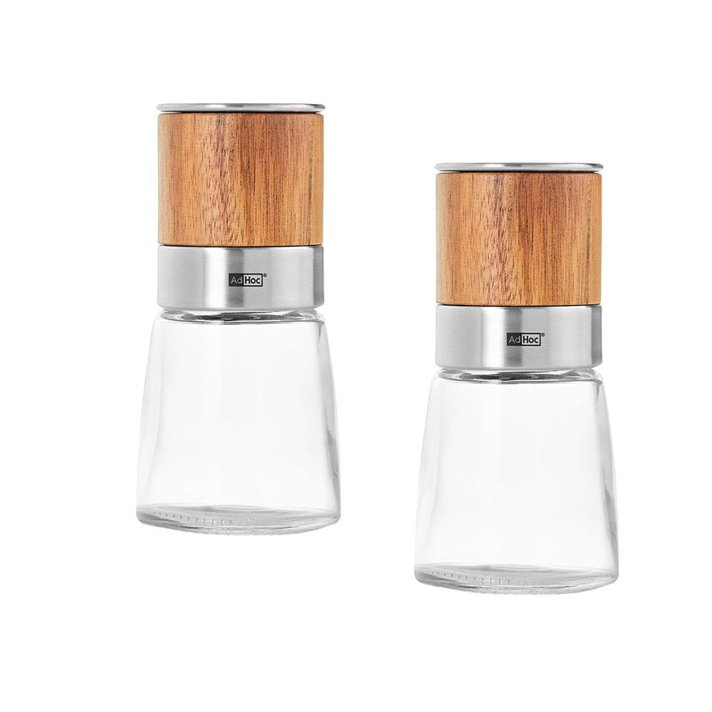 AdHoc Salt & Pepper Grinder Set in Glass & Wood: 30-Year Mechanism Warranty