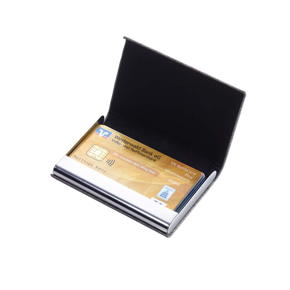 TROIKA Custodia per carte di credito con protezione per carte di credito RFID, per circa 10 carte di credito, chiusura magnetica, in pelle e acciaio inox, colore: grigio lucido TROIKA Custodia per carte di credito con protezione per carte di credito RFID, per circa 10 carte di credito, chiusura magnetica, in pelle e acciaio inox, colore: grigio lucido