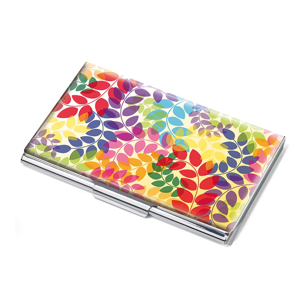 TROIKA Business Card Case - Metal Case with Colourful Leaves Motif