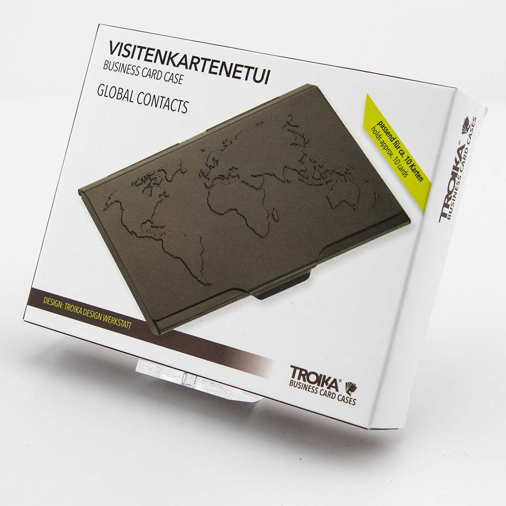 TROIKA Business Card Case with Embossed World Map - Black
