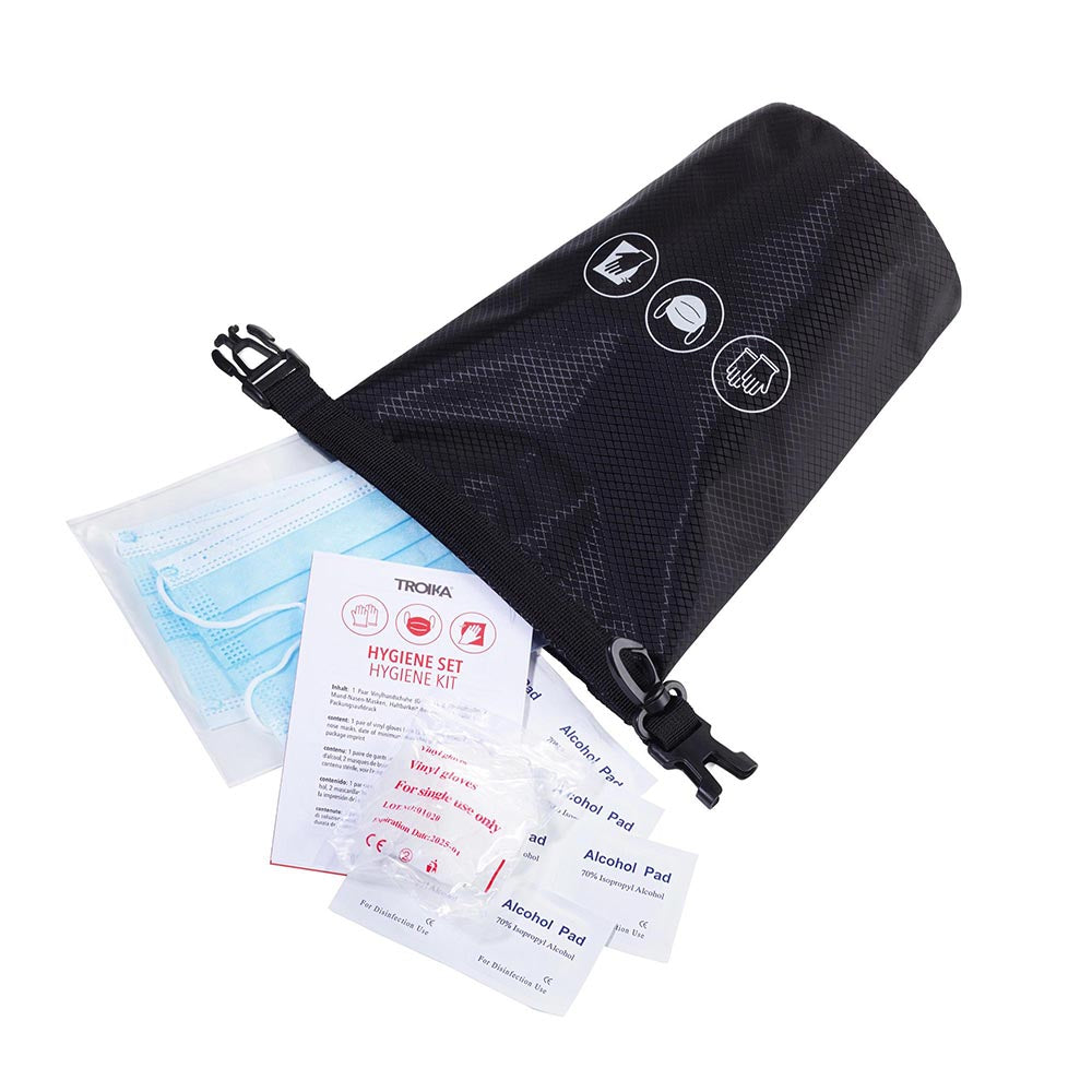 TROIKA Hygiene Kit in Waterproof Bag: Gloves, Masks, Alcohol Swabs - Black