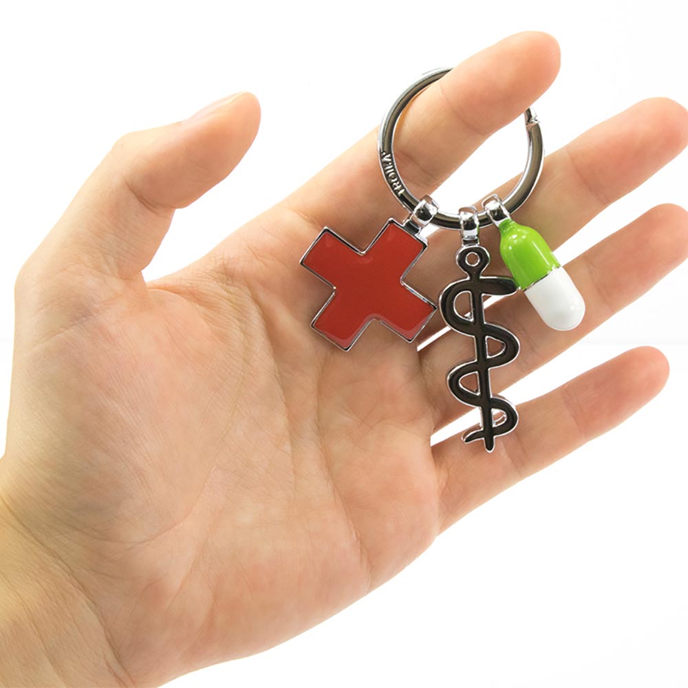 TROIKA Keyring - Keep Well with 3 Charms: Rod of Asclepius, Red Cross, Pill