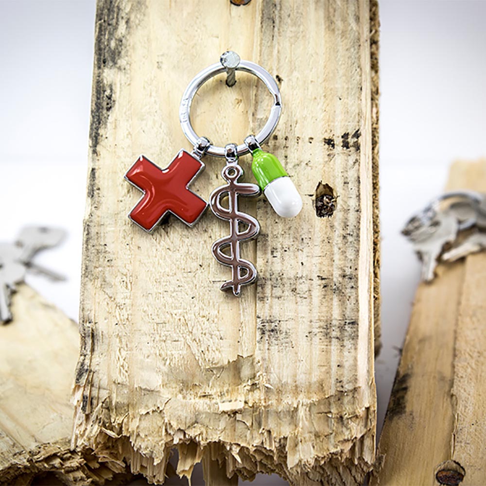 TROIKA Keyring - Keep Well with 3 Charms: Rod of Asclepius, Red Cross, Pill