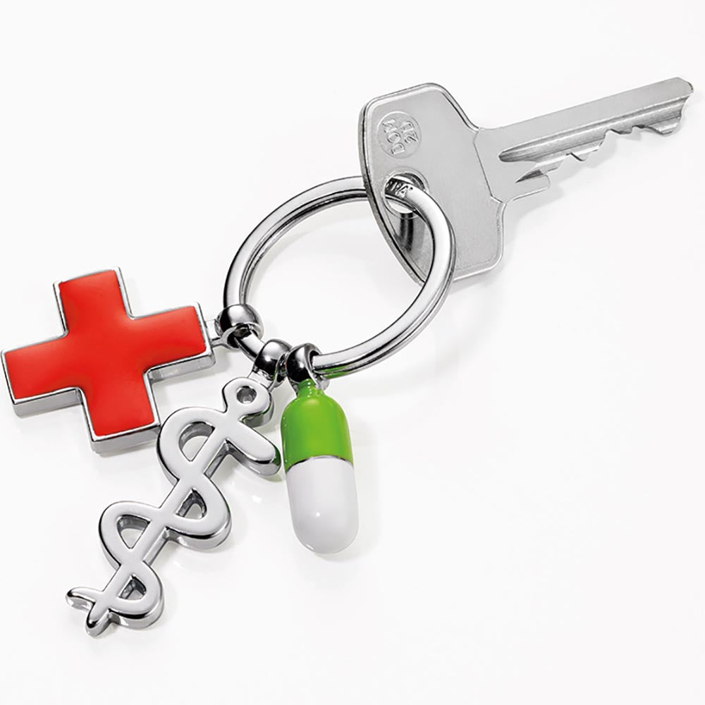 TROIKA Keyring - Keep Well with 3 Charms: Rod of Asclepius, Red Cross, Pill