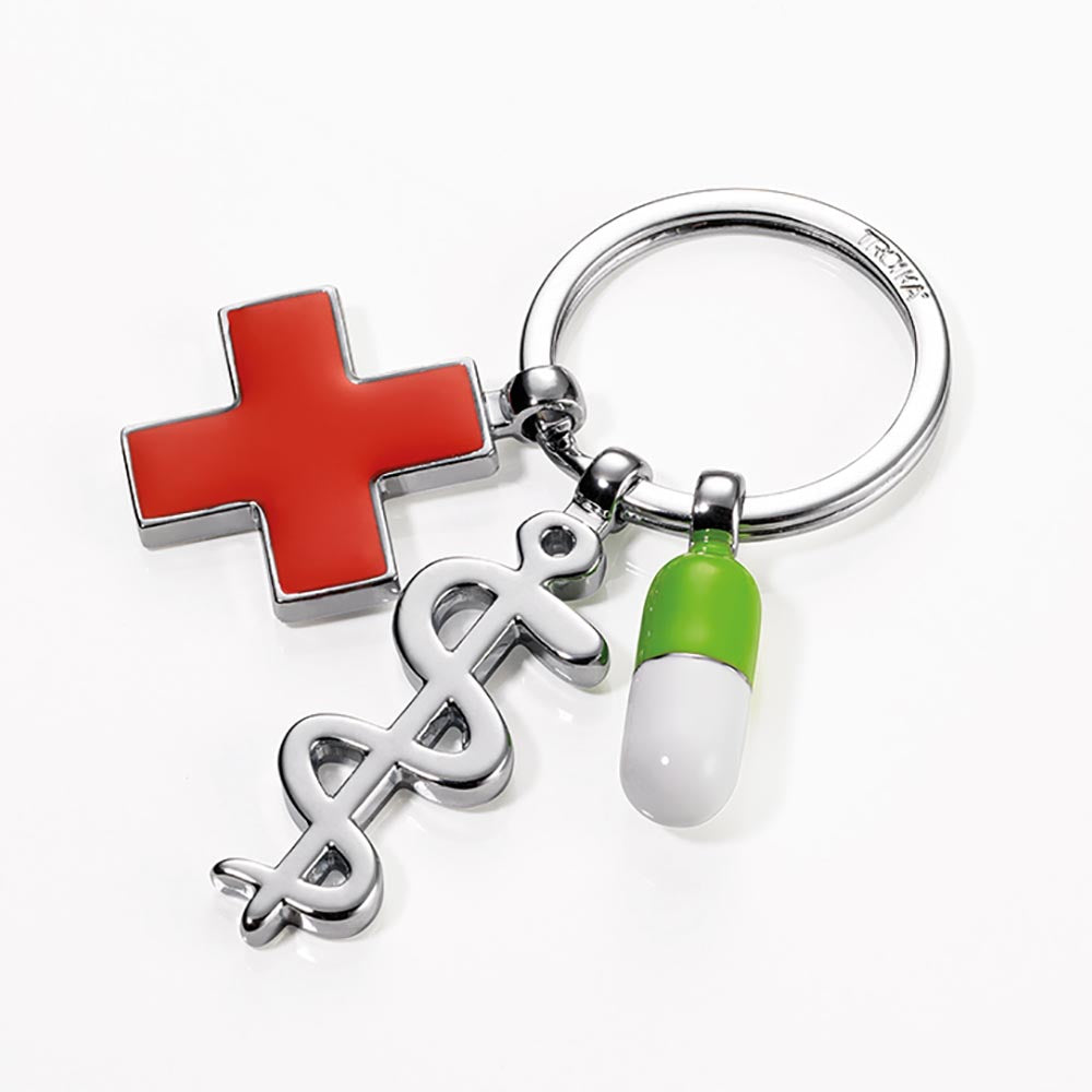 TROIKA Keyring - Keep Well with 3 Charms: Rod of Asclepius, Red Cross, Pill