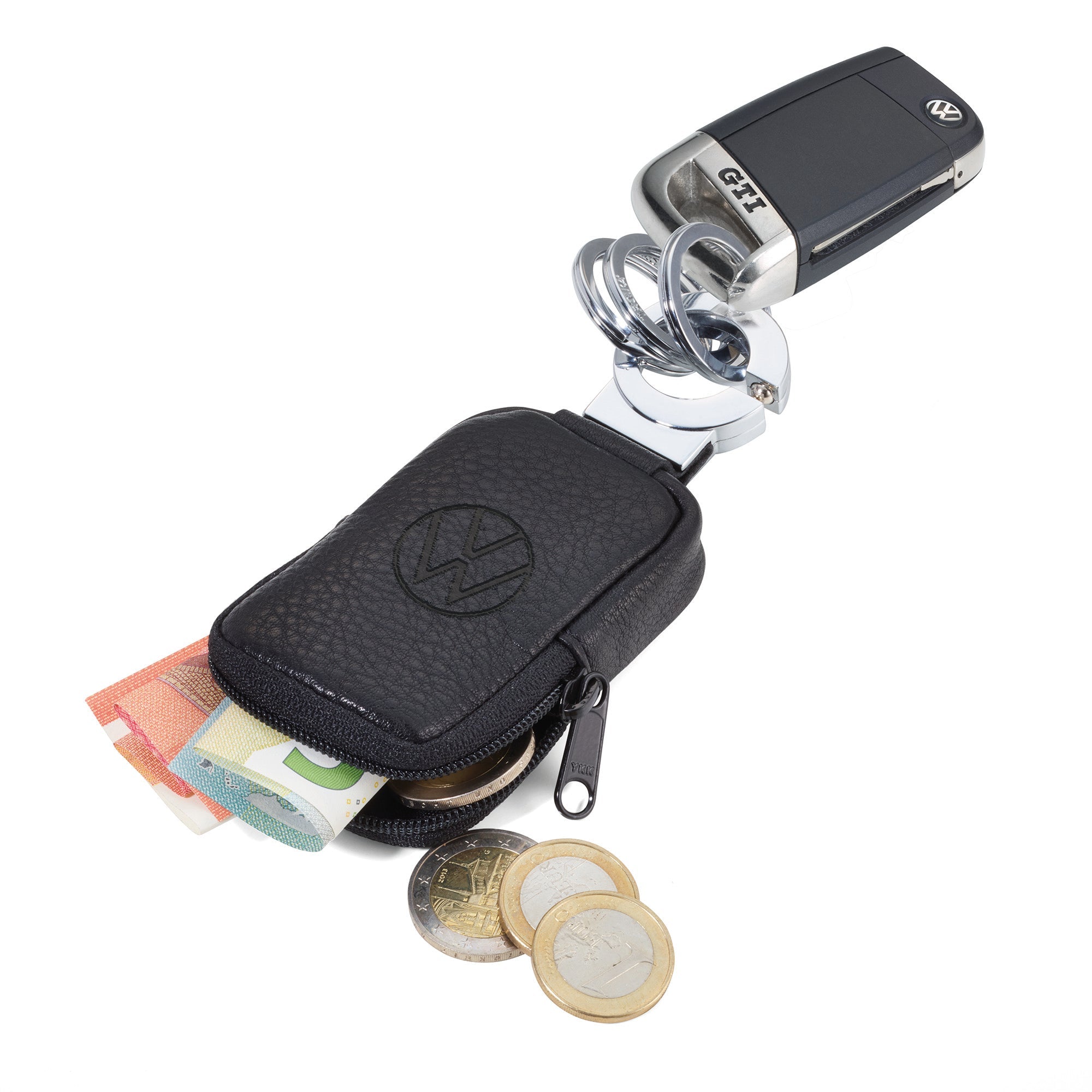 TROIKA Key-Click Keyring with VW Logo Leather Pouch for Coins or Face Mask