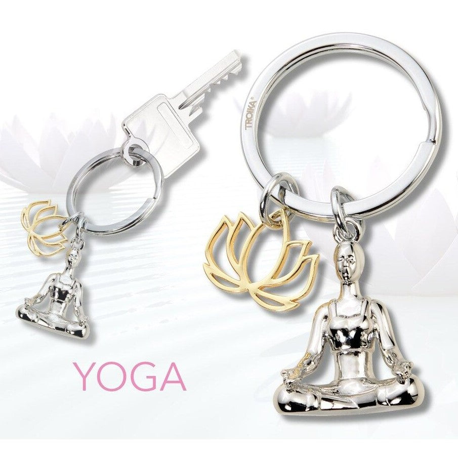 TROIKA Keyring with 2 Charms: YOGA Meditation Posture and Lotus Charms