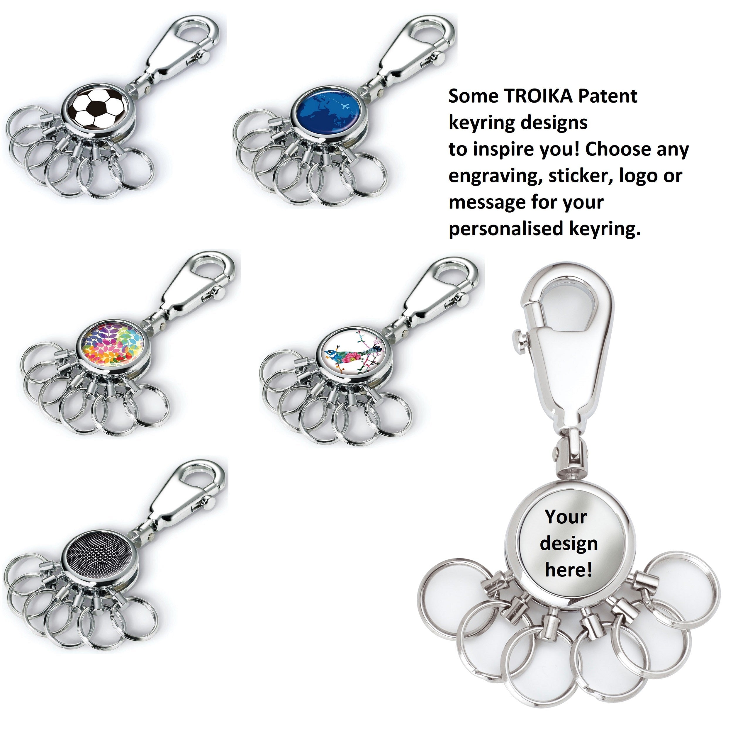 TROIKA Keyring with Carabiner and 6 Rings PATENT Silver - Personalisable