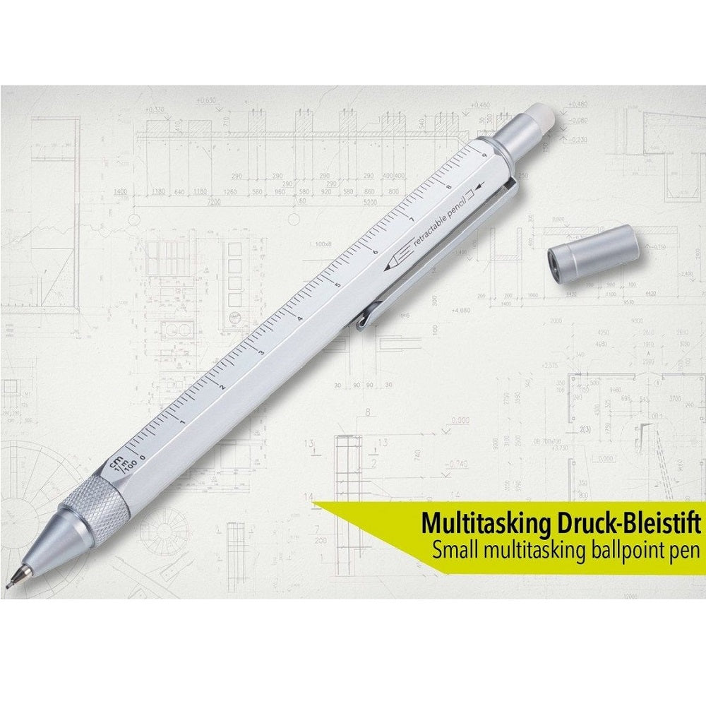 TROIKA Multitasking Mechanical Pencil CONSTRUCTION DROP ACTION – Silver